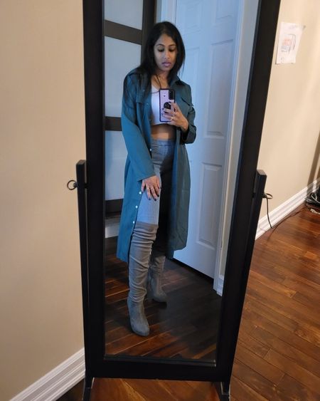 Grey go go boots, spring fashion, date night, party look, green trench coat, blue jeans, grey knee high boots, crop top

#LTKparties #LTKU #LTKstyletip