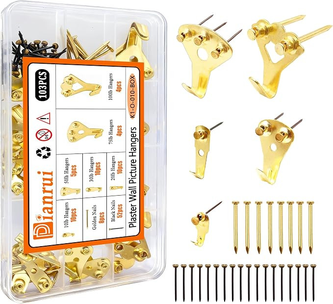 Dianrui Picture Hanging Kit 103 PCS Heavy Duty Picture Hangers Hooks (10-100lbs) with Nails, Gold... | Amazon (US)