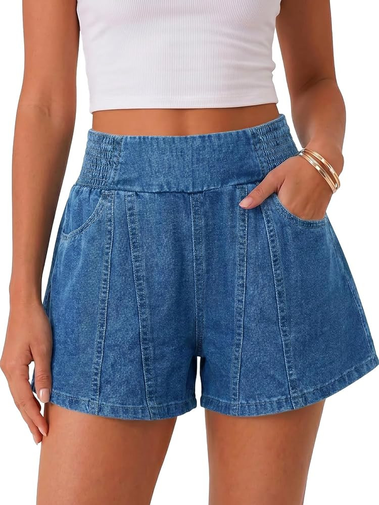 Cicy Bell Womens Pull On Jean Shorts Elastic High Waisted Denim Baggy Jorts | Amazon (US)