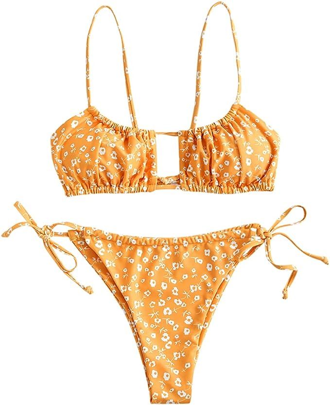 ZAFUL Women Cutout 2 Pieces Swimsuit, Sexy High Cut Keyhole Bikini Tie Side String Ribbed Bathing... | Amazon (US)