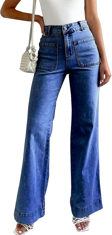LOLONG Jeans for Women 2024 High Waisted Flare Casual Wide Leg Denim Pants Baggy with Patch Pocke... | Amazon (US)