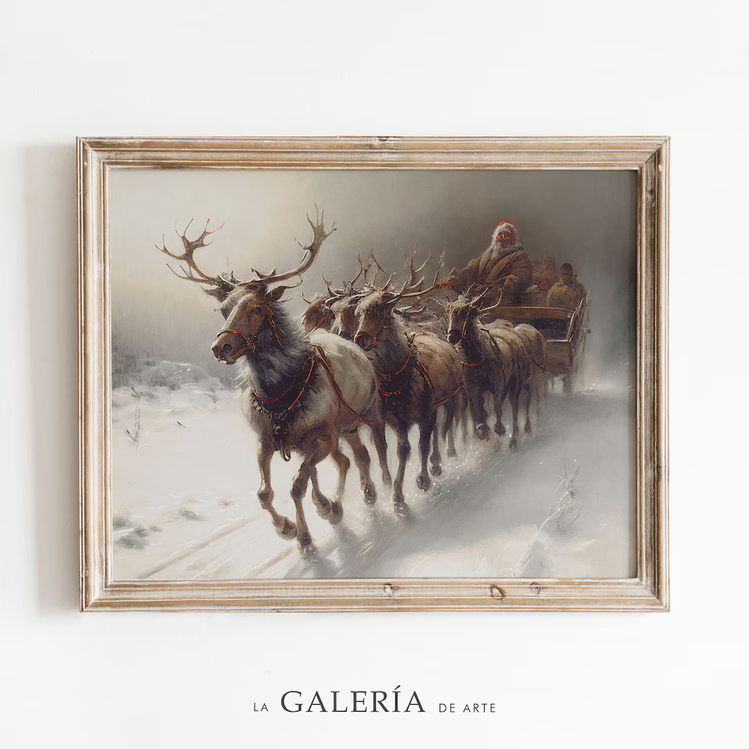 Vintage Christmas Print Santa Claus Sleigh Raindeer Print - Etsy | Etsy (US)