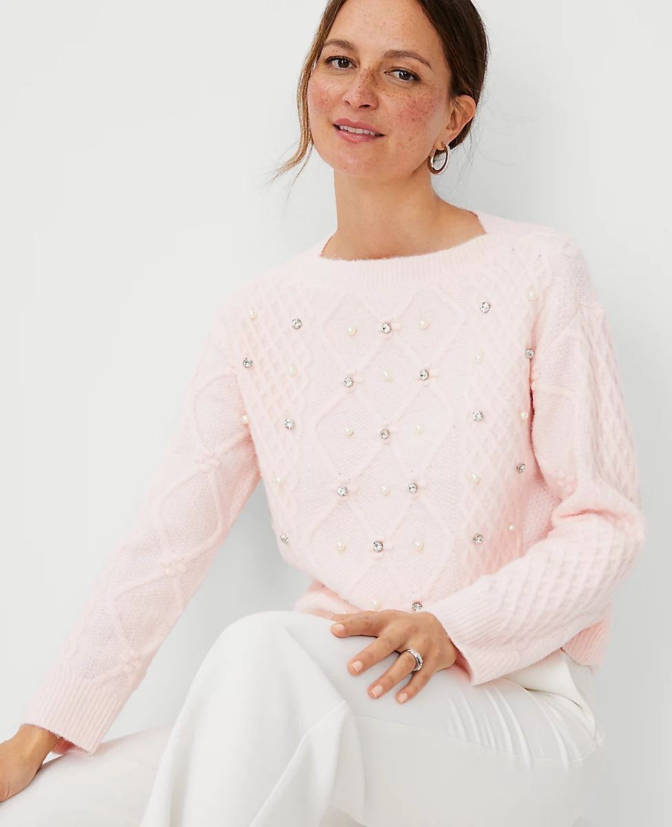 Embellished Relaxed Cable Sweater | Ann Taylor (US)