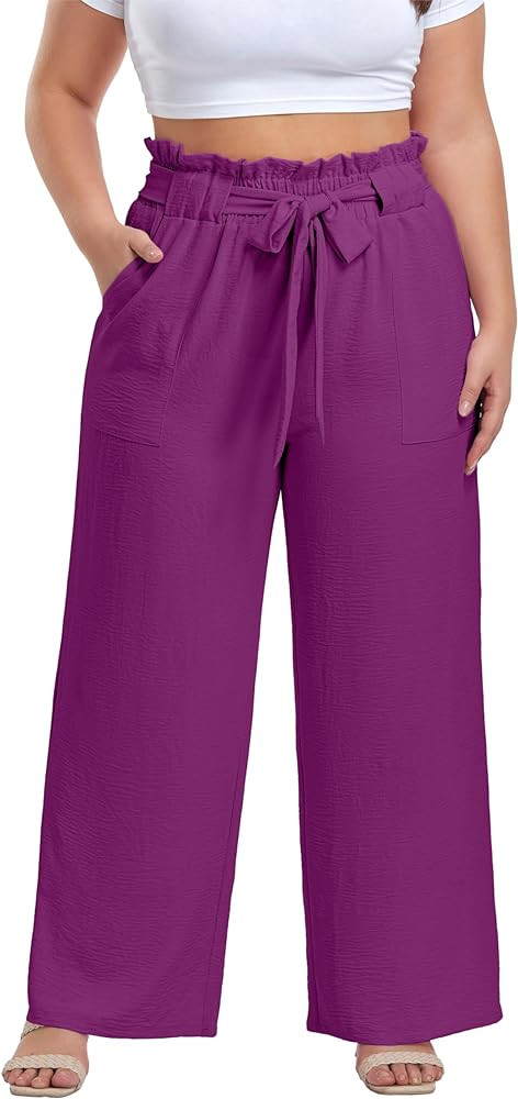 OLRIK Women's Casual Plus Size Pants High Waisted Self-tie Belted Lounge Pants Straight Long Trou... | Amazon (US)