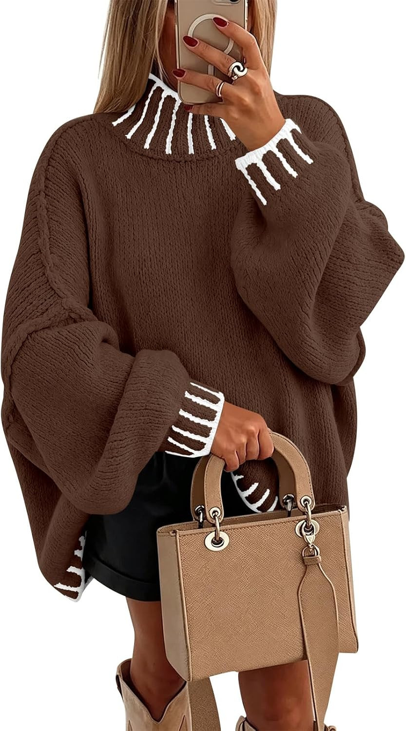 Saodimallsu Womens Chunky Mock Neck Sweaters Lantern Sleeve Fall Casual Slouchy Knit Color Block Pullover Sweater | Amazon (US)