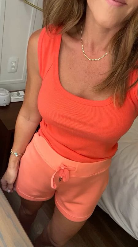 Orange crush. 
Sized up one to the small in this tank (called watermelon online)
Shorts size small. TTS  
Necklace - use CODE: twopeasinablog 

#LTKSaleAlert #LTKFindsUnder50 #LTKOver40