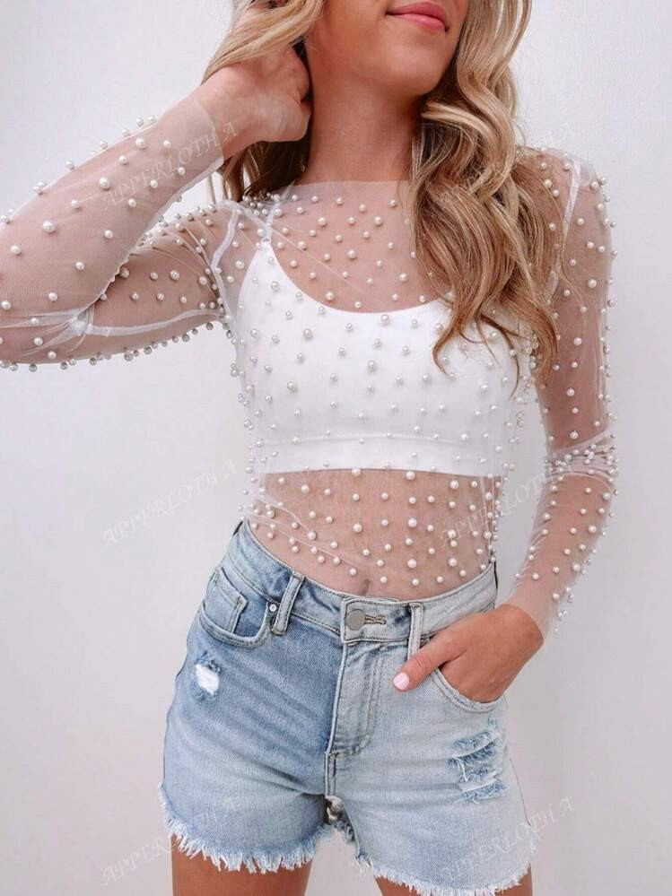 Apperloth A Women's Beaded Mesh See-Through Long Sleeve Blouse,Ladies Casual Beaded,Pearls,Sheer ... | SHEIN