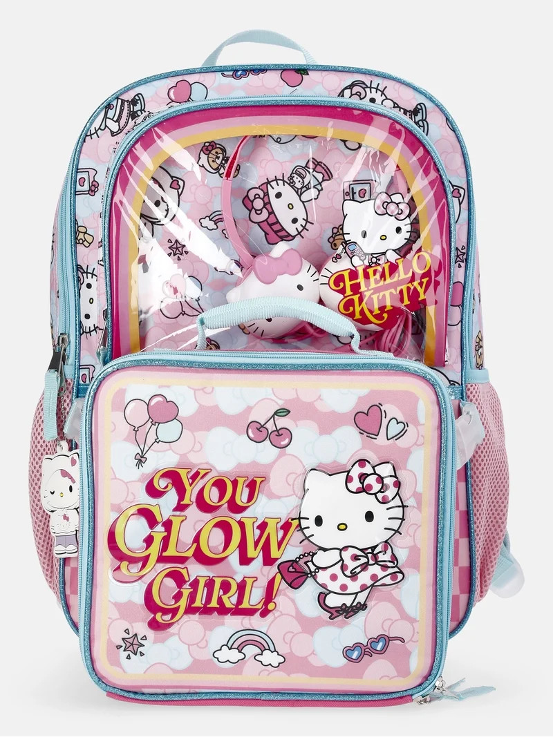 Hello Kitty Girls 17" You Glow Girl Backpack Set with Headphones & Lunch Box, 3-Piece Set, Pink | Walmart (US)