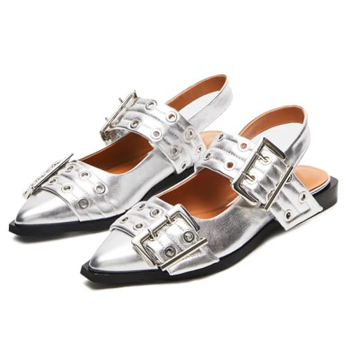 Accloris Wide Buckle Ballet Flats for Women Ballerina Slingback Flats with Strap Pointed Toe Low Block Heel Casual Dressy Flat Shoes Silver | Amazon (US)