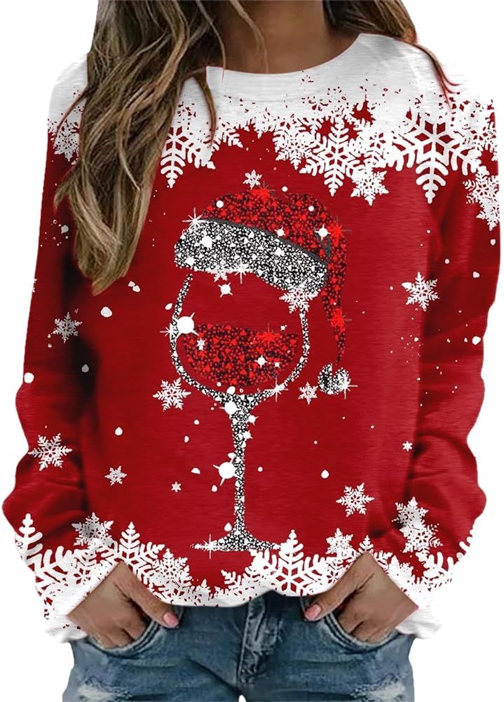 Rvidbe Ugly Christmas Sweater for Women 2023 Red Wine Glass Printed Casual Crewneck Long Sleeve P... | Amazon (US)