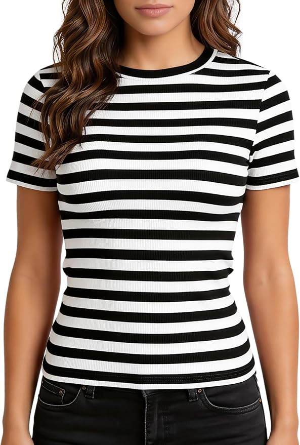 Striped Shirt Women Short Sleeve, Crewneck T-Shirts for Woman Stripes, Fitted Ribbed Tee Stretchy | Amazon (US)