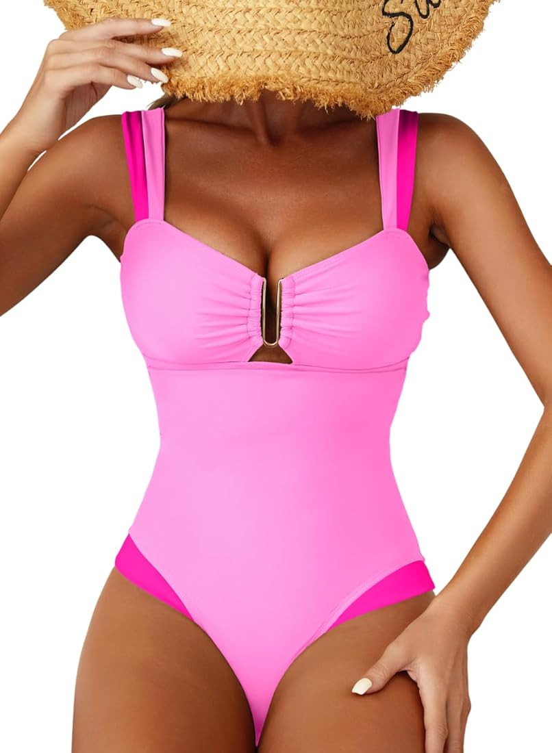 Herseas Women's Two Tone Patchwork One Piece Swimsuit U Hardware Cutout Bathing Suit | Amazon (US)