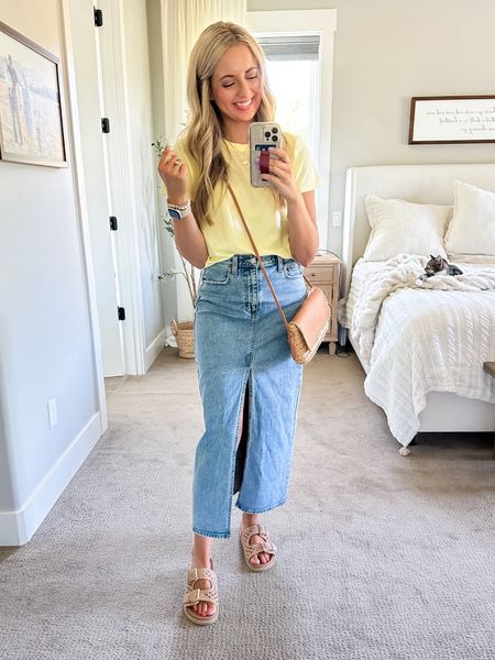 Cute summer outfit! Target long Jean skirt with front slit paired with a bright yellow basic tee 💛

#LTKFindsUnder50 #LTKShoeCrush #LTKStyleTip