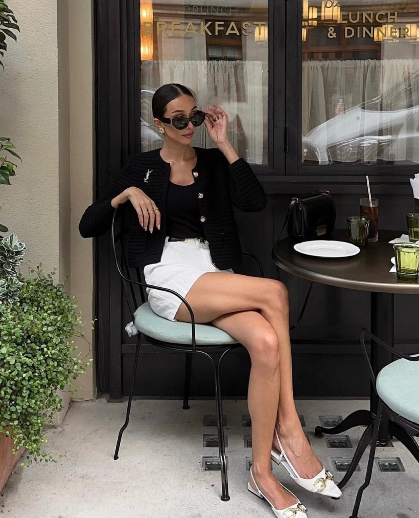 Monochrome outfit, Ba&sh, lunch date outfit idea, linen shorts, YSL brooch, black & white outfit, YSL sunglasses, autumnal fashion, transitional outfit, gold accessories 

#LTKeurope #LTKSeasonal #LTKstyletip