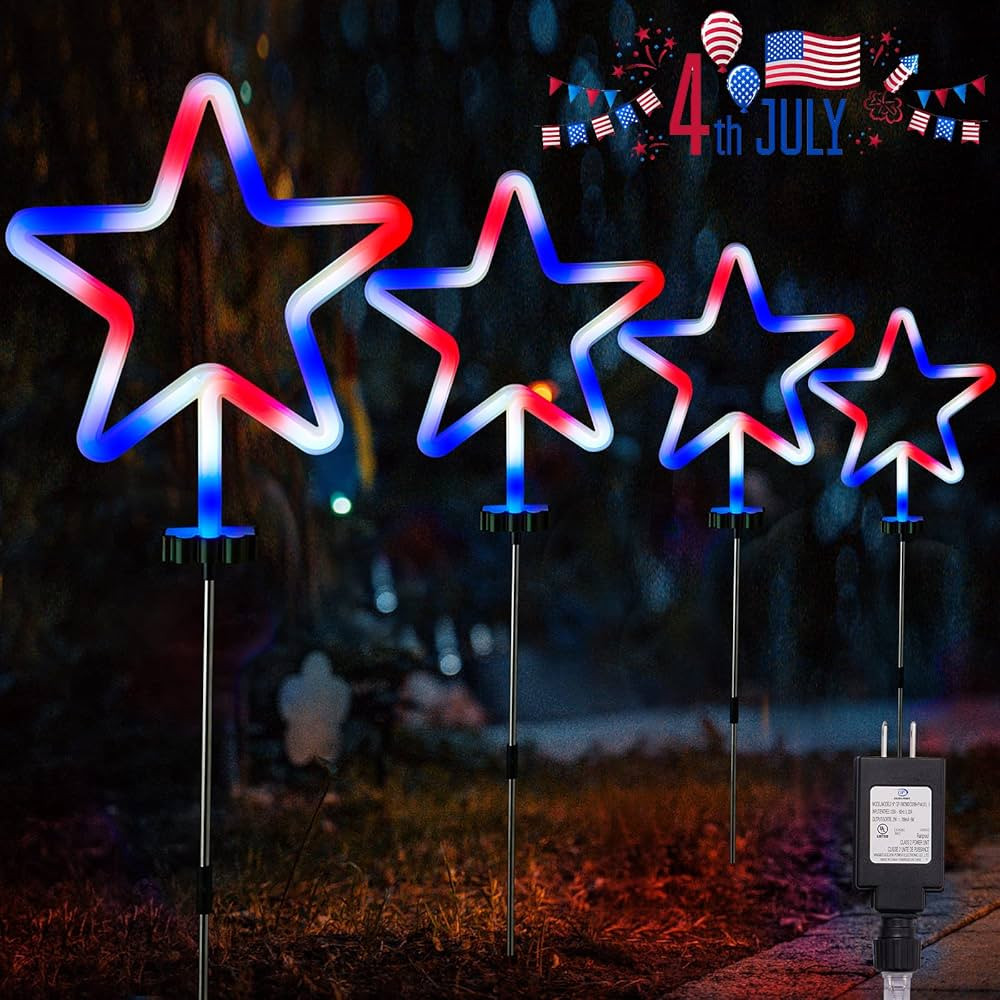BlcTec 4th of July Decorations, 4PCS Red White and Blue Lights with Stainless Steel Stakes, 4 Big... | Amazon (US)