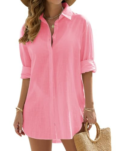 Jyanl Swimsuit Coverup for Women Bathing Suit Cover Up Beach Shirt Casual V Neck Button Down Shirt Dress Bikini Swimwear Coverups Vacation Outfits Pink | Amazon (US)