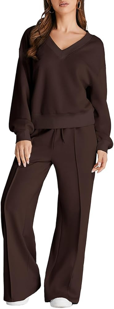 Herseas Women 2 Piece Outfits Sweatsuit 2025 Fall Casual V Neck Sweatshirt with Wide Leg Sweatpan... | Amazon (US)