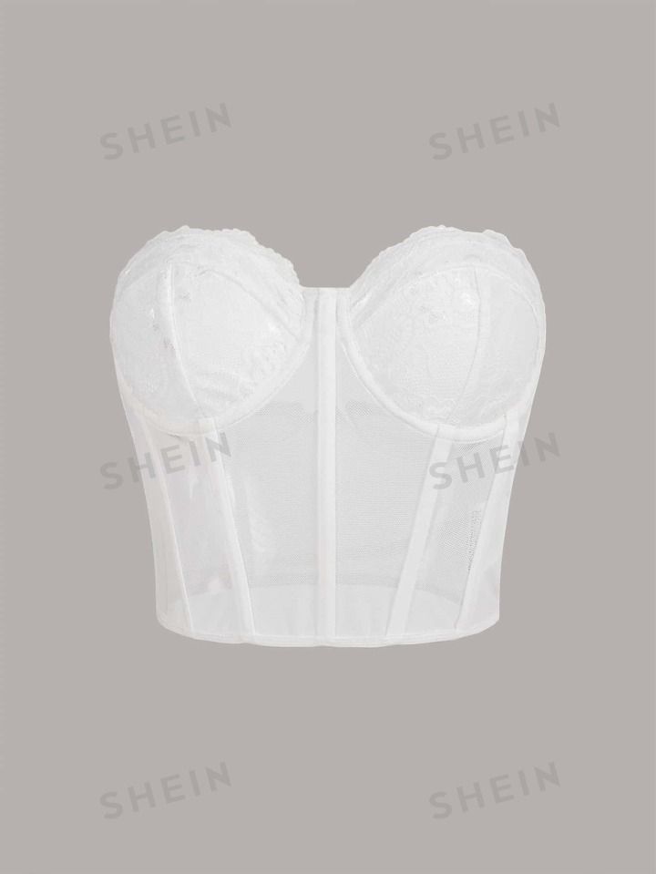 SHEIN ICON Contrast Lace Bustier Crop Mesh Tube White Corset Top | SHEIN