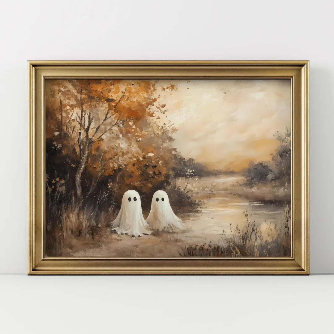 Halloween Wall Art Printable Spooky Fall Decor Digital Download Haunted Forest Art with Cute Ghos... | Etsy (US)