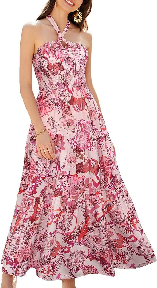 GRACE KARIN Women's Summer Dresses 2025 Halter Neck Sleeveless Smocked Backless Cut Out Floral Fl... | Amazon (US)