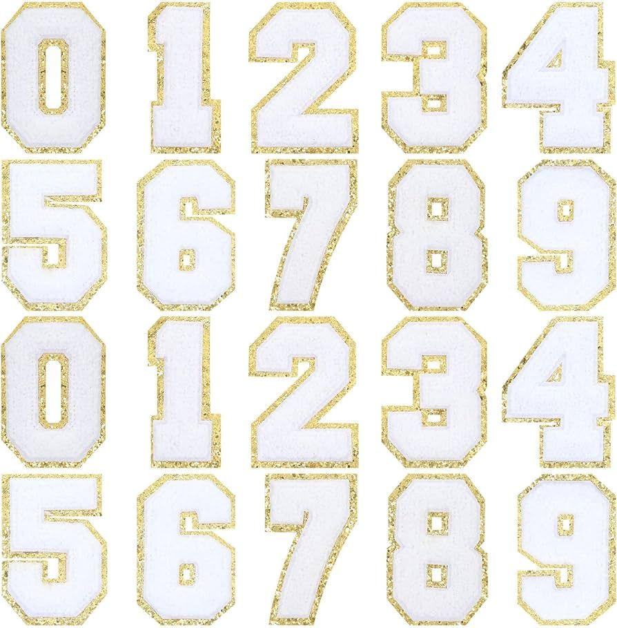 20 Pieces Numbers Iron On Patches 3.15 Inch Chenille Embroidery Varsity Numbers with Glitter Sequ... | Amazon (US)