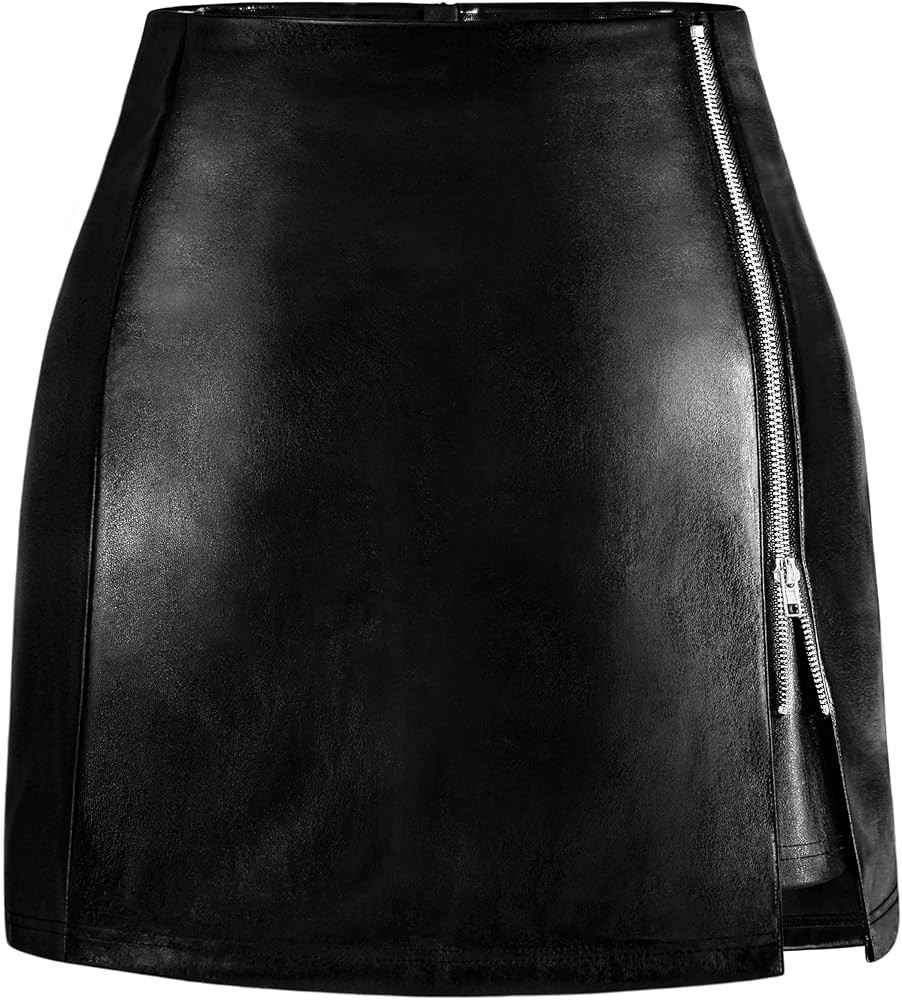 FLUFFY SENSE. Women's Leather Mini Skirt Stretchy High Waisted Zipper Slit Faux Pleather Bodycon ... | Amazon (US)
