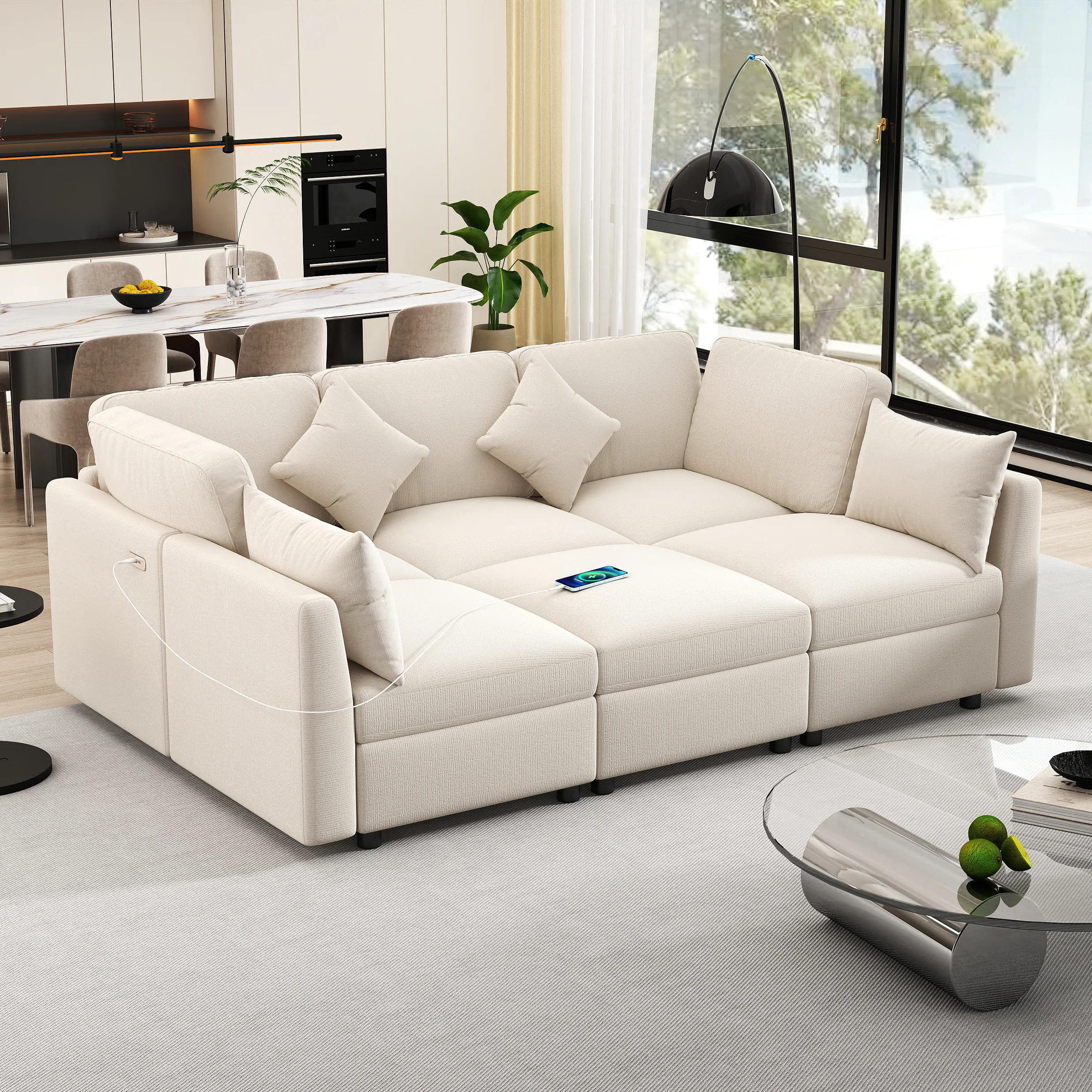 ModernLuxe 86.6inch Sectional Sofa Modular Sofa Ushaped Sofa Couch Sofa Bed Lshaped Sofa with a Movable Ottoman and Two USB Ports for Living RoomBeige | Lowe's