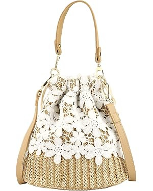 FENBEN Bamboo Handbag, Beach Purse Half Moon Bag, Straw Lace Woven Travel Sling Bag Shoulder Cros... | Amazon (US)