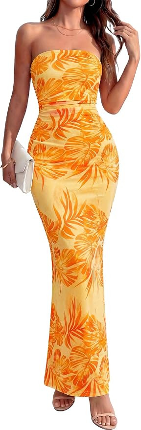 BTFBM Women Summer Strapless Maxi Dress 2026 Bodycon Floral Long Wedding Guest Dress Formal Tube ... | Amazon (US)