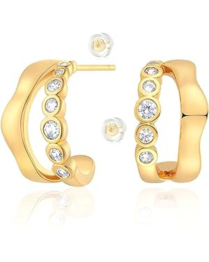 MTMY Gold Hoop Earrings 14K Gold Plated Open C Shape Hoop Earrings for Women | Amazon (US)