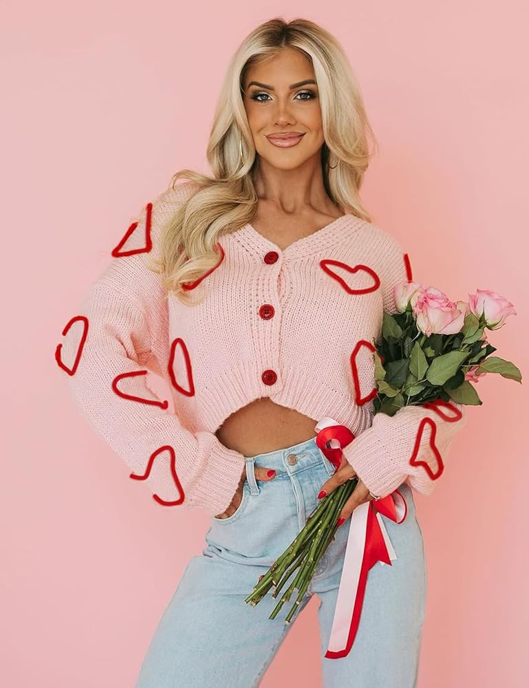 Wyeysyt Valentine Heart Sweater Cardigan for Women Cropped Knit Sweater Cute Button Down V Neck C... | Amazon (US)