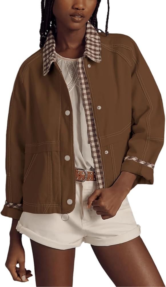 Aimiray Cropped Bomber Jacket Women Zip up Plaid Barn Jacket Casual Gingham Fall Coats with Pocke... | Amazon (US)