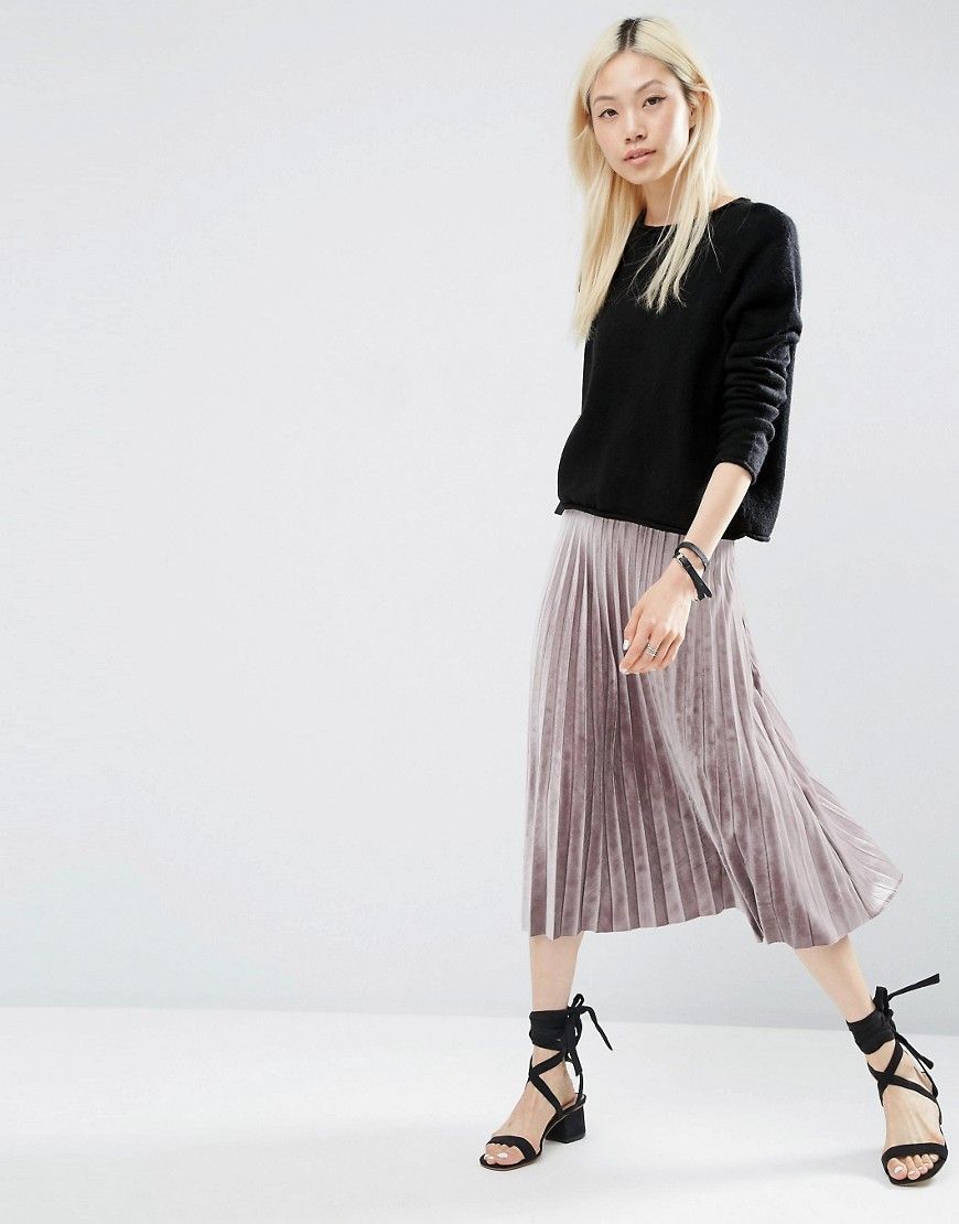 ASOS Pleated Midi Skirt in Velvet - Silver | ASOS US