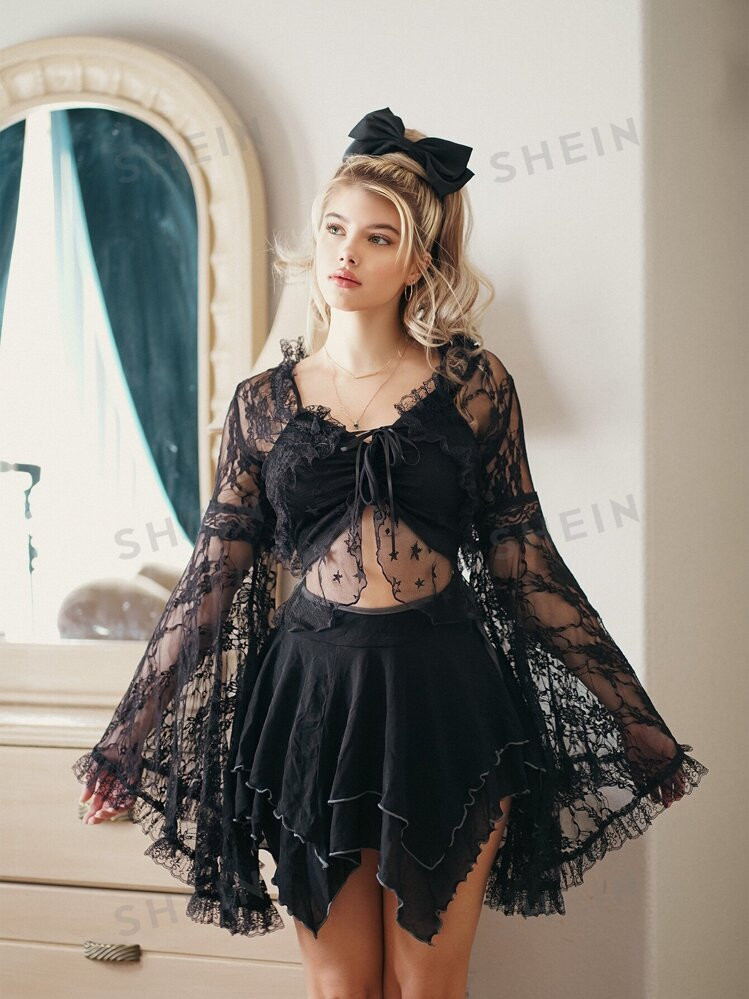 ROMWE Fairycore Tie Front Bell Sleeve Lace Top | SHEIN