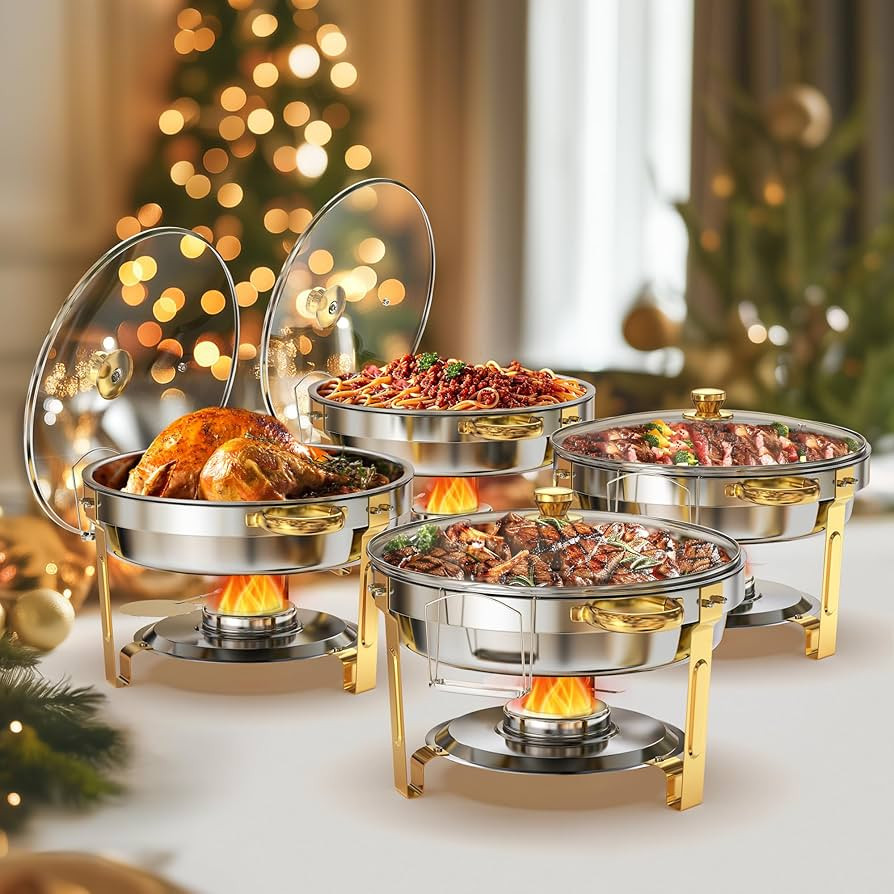 Gold Chafing Dishes for Buffet, 5QT 4Pack Round Chafing Dish Buffet Set w/Glass Lid & Lid Holder,... | Amazon (US)