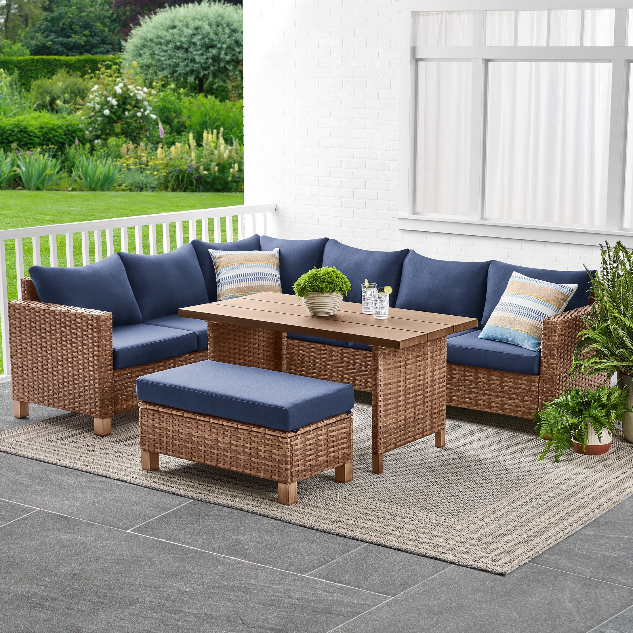 Better Homes & Gardens Brookbury 4-Piece Wicker Patio Sectional Dining Set with Navy Cushions | Walmart (US)