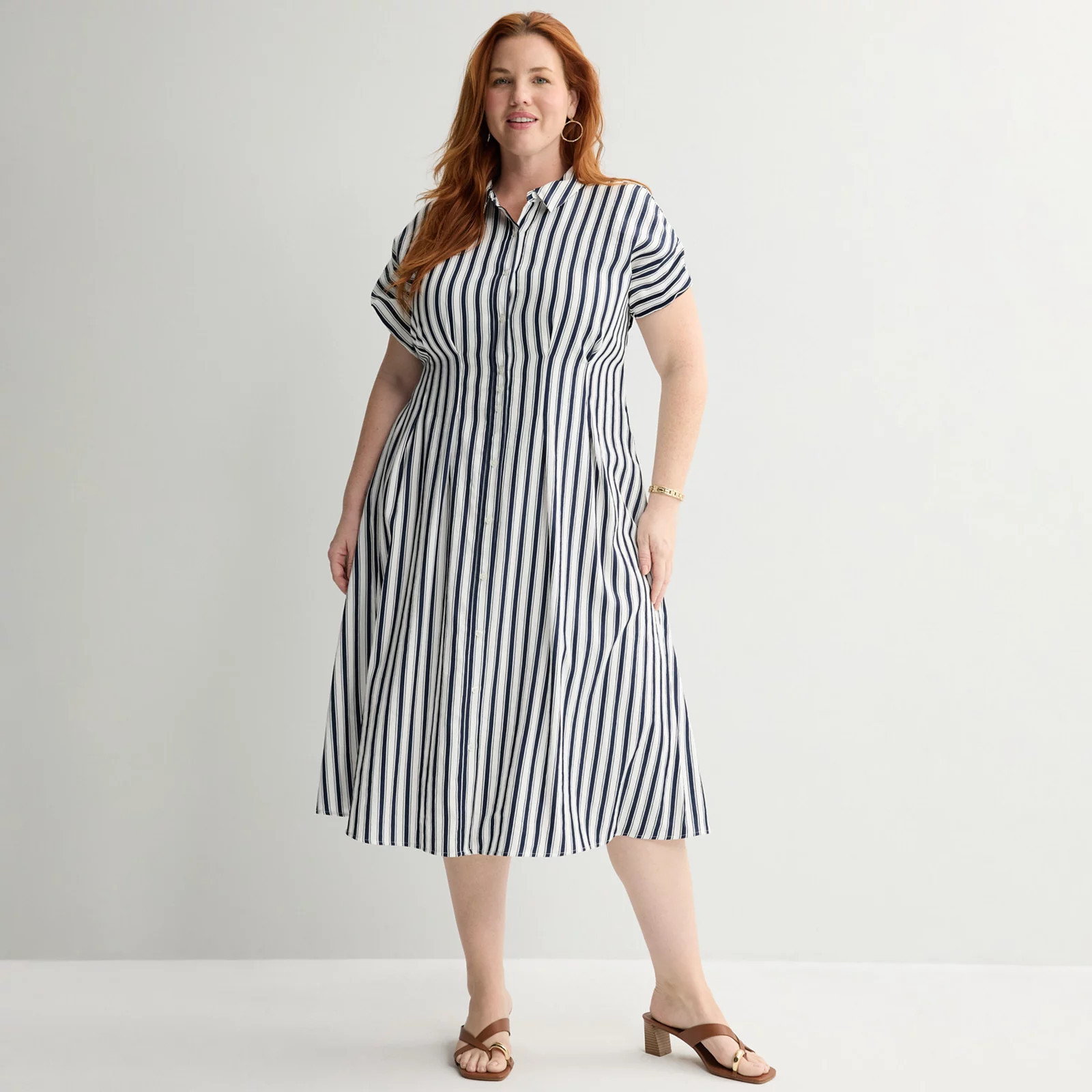 Plus Size Nine West Cinched Waist Midi Shirt Dress, Women's, Size: 1XL, Blue Kora Stripe | Kohl's
