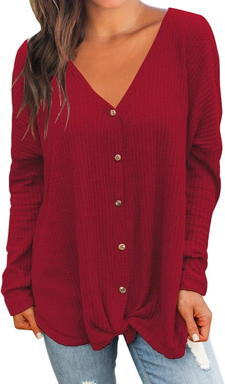 Womens Loose Blouse Short Sleeve V Neck Button Down T Shirts Tie Front Knot Casual Tops | Amazon (US)
