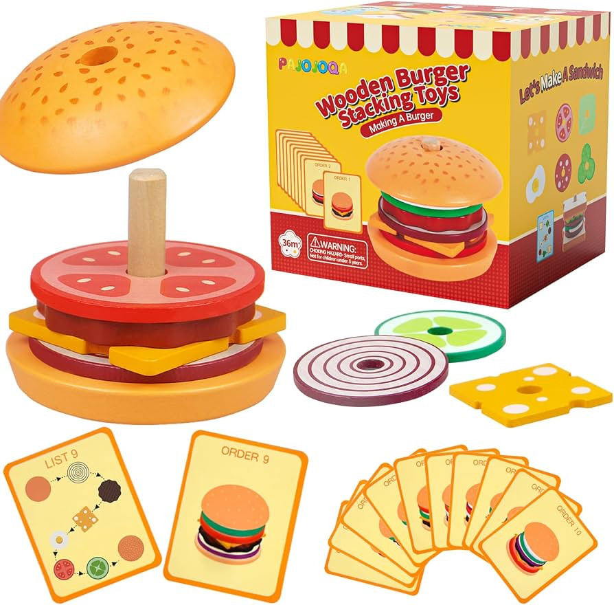 Wooden Burger Stacking Toys, Montessori Toys for Toddlers Fine Motor Skills Toys Educational Lear... | Amazon (US)