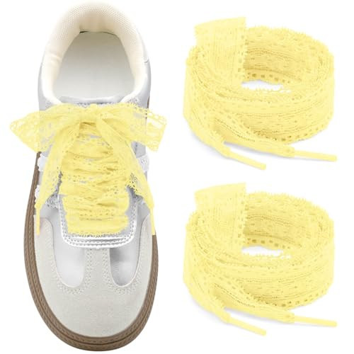 WEGOODZF Flat Lace Shoelaces for Women: 2 Pairs 2.3 CM Wide 43 Inch Yellow Lacy Fancy Shoe Laces | Amazon (US)