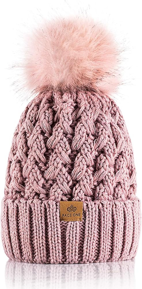 PAGE ONE Womens Winter Ribbed Beanie Crossed Cap Chunky Cable Knit Pompom Soft Warm Hat | Amazon (US)