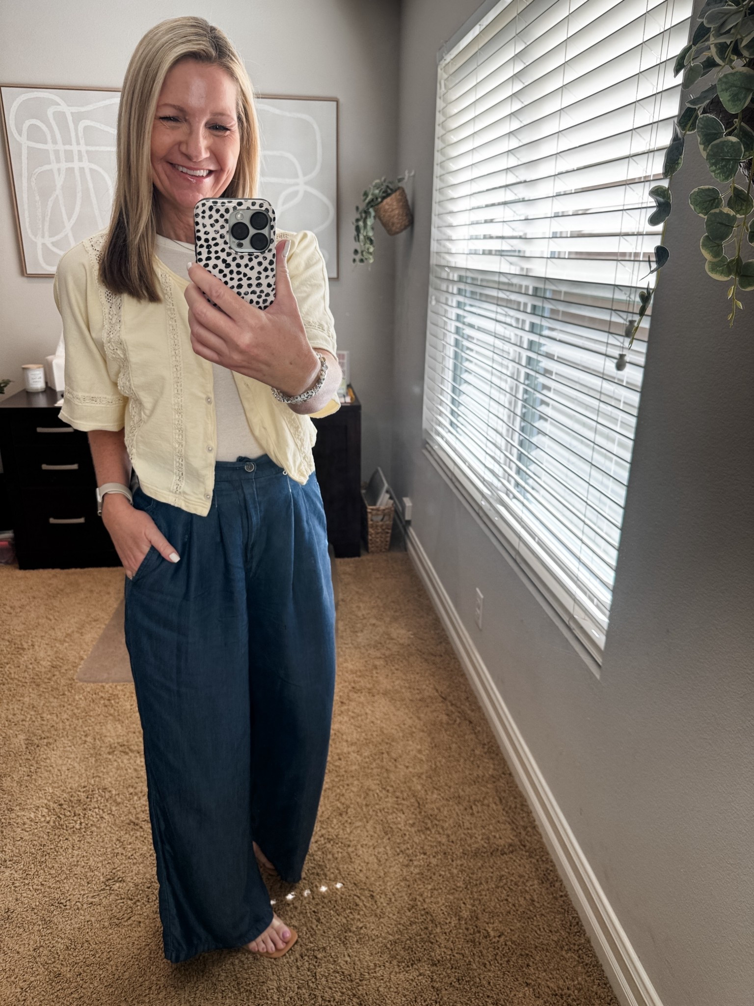 Thursday outfit for appointments and work from home. I’ve had these Amazon wide leg pants for years and while they have a chambray look to them they are so soft and comfortable. 

My tank is Target and my Aerie yellow cardigan is old. 

#LTKootd #LTKWorkwear #LTKOver40