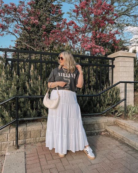 Midsize spring to summer outfit - graphic tee (sized up to XL for an oversized fit), white maxi skirt (L), adidas sambas 


#LTKcanada #LTKmidsize #LTKspring