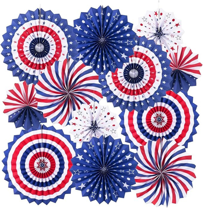 4th of July Patriotic Decorations Red White Blue Hanging Paper Fans for American Fourth of July M... | Amazon (US)