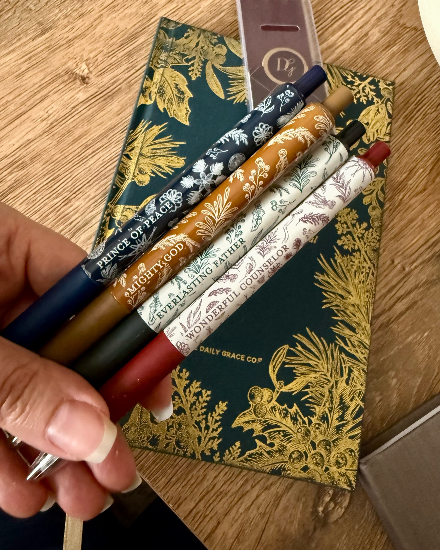 I just love this 4-piece Advent Pen Set, from The Daily Grace Co. They are beautifully inscribed with the names of our Savior: Wonderful Counselor, Mighty God, Everlasting Father, and Prince of Peace.
Perfect for taking notes in your Bible or journaling. I love the fine-point tips and quality black ink. This set this truly the perfect pen set-for yourself or as a gift.



#LTKGiftGuide #LTKHoliday

#LTKSeasonal #LTKHome #LTKSaleAlert