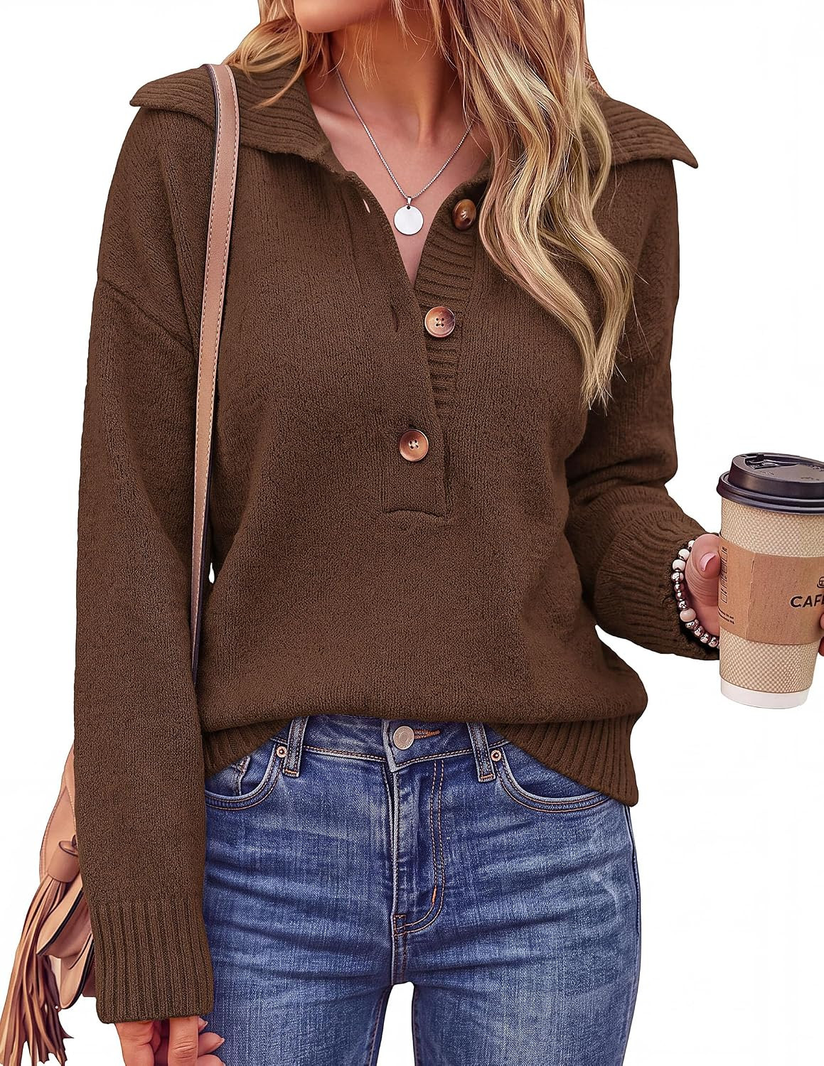 PRETTYGARDEN Womens Fall Long Sleeve Polo Sweaters Button Up | Amazon (US)