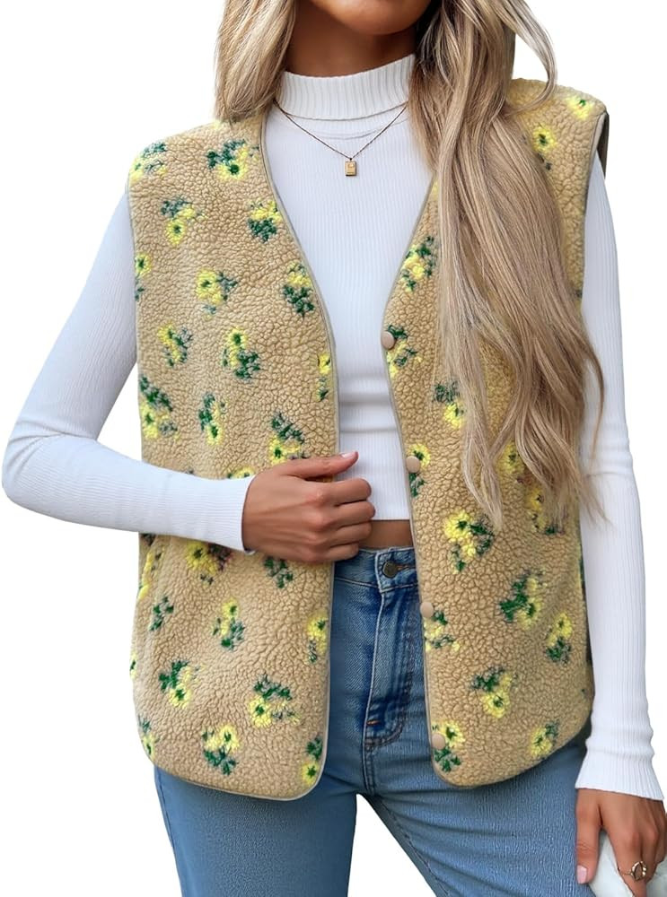 Cicy Bell Womens Fuzzy Fleece Vest Fall Floral Sleeveless Sherpa Jacket Lightweight Button Down W... | Amazon (US)