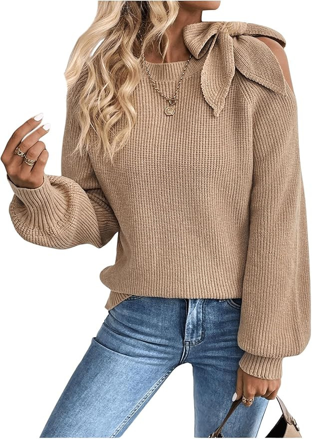 GORGLITTER Women's Bow Sweater Cut Out Tie Shoulder Long Sleeve Knit Pullover Tops Fall Fashion | Amazon (US)