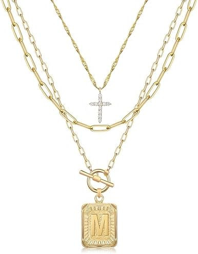 MJartoria Layered Initial Necklaces for Women Trendy, 14K Gold Plated Brass Simple Dainty Cross C... | Amazon (US)