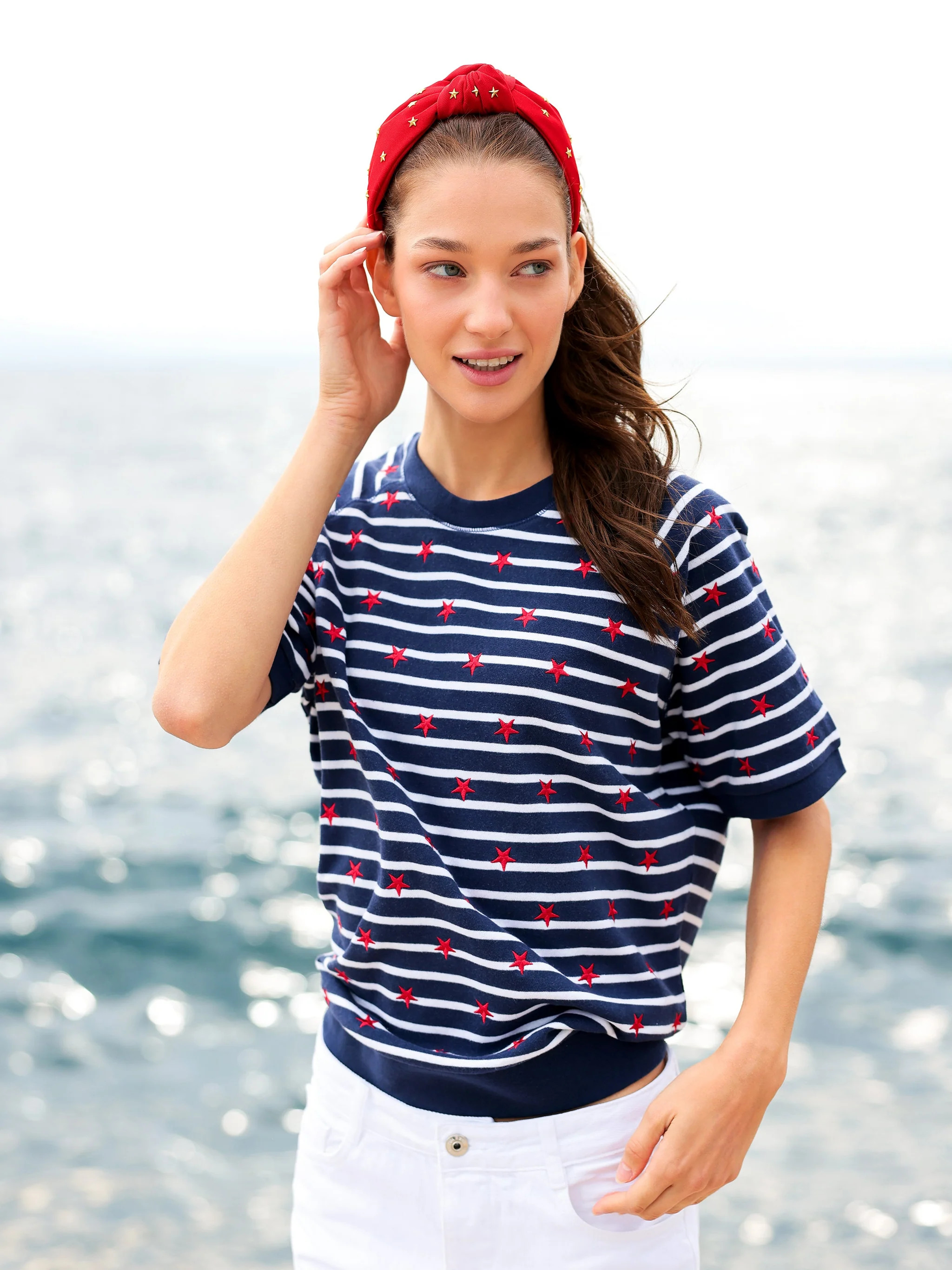 Shiraleah Stripes Lightweight Short Sleeve Sweatshirt, Navy | Shiraleah